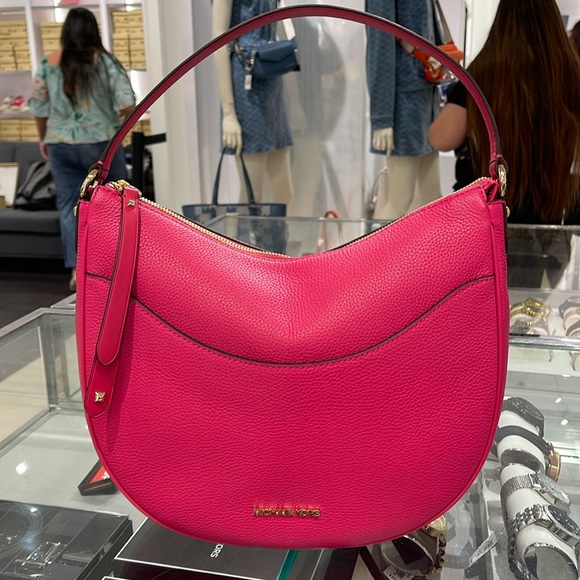 Michael Kors Dover Large Leather Top Zip Half Moon Shoulder Bag in Electric Pink - Picture 2 of 16